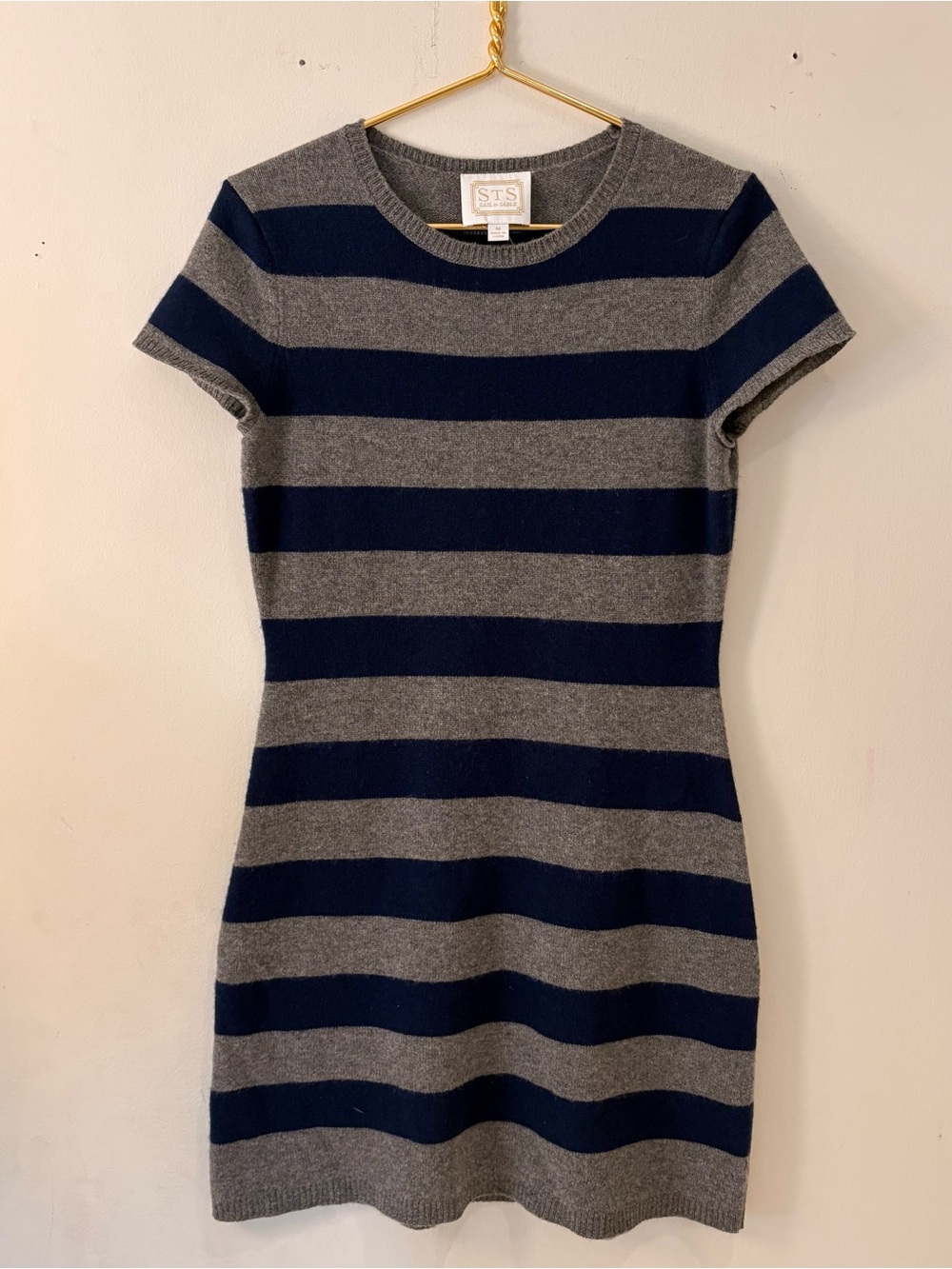 Sail to Sable Navy Gray Striped Short Sleeve Cashmere Wool Sweater Dress Sz M